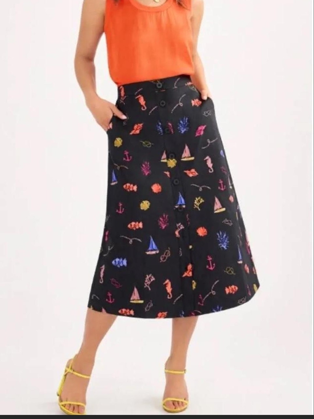 CAbi Black Nautical Print Button-Front Midi Skirt with Multicolor Motifs Size S